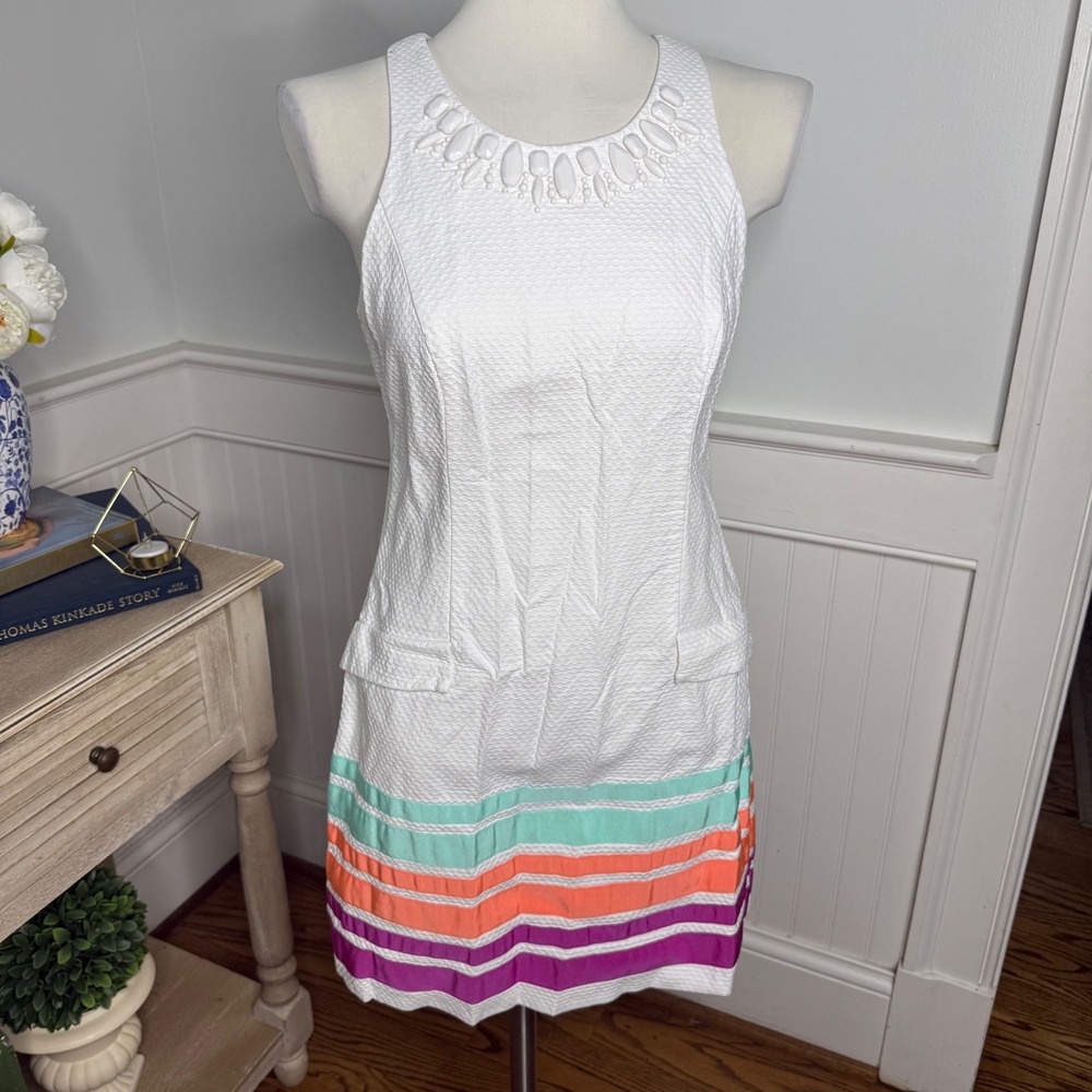 Lilly Pulitzer White Seersucker Embellished Striped Shift Dress Size 4 Mens